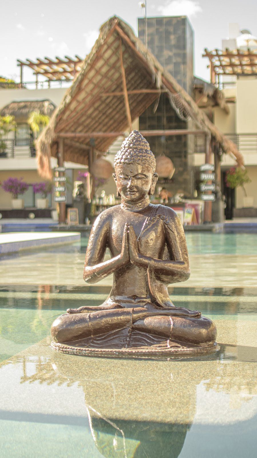 A bronze Buddha seated at the edge of the pool, with his reflection beneath him